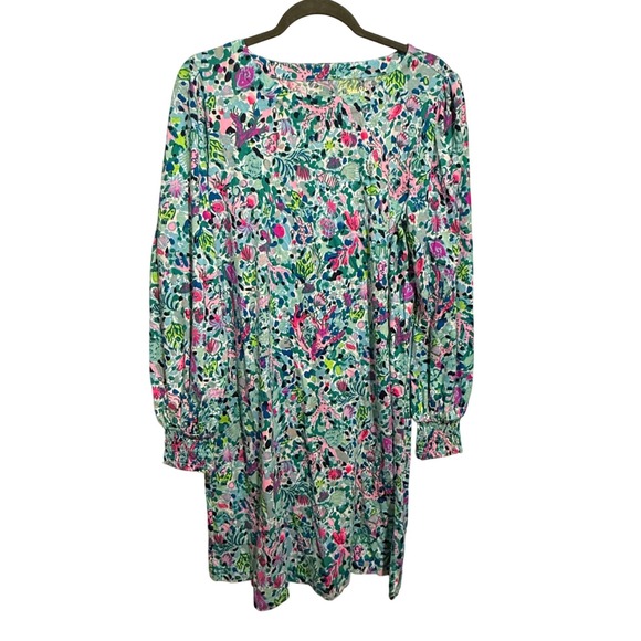 Lilly Pulitzer Dresses & Skirts - Lilly Pulitzer Diann Shift Dress Womens Large Floral Long Smocked Sleeve Preppy